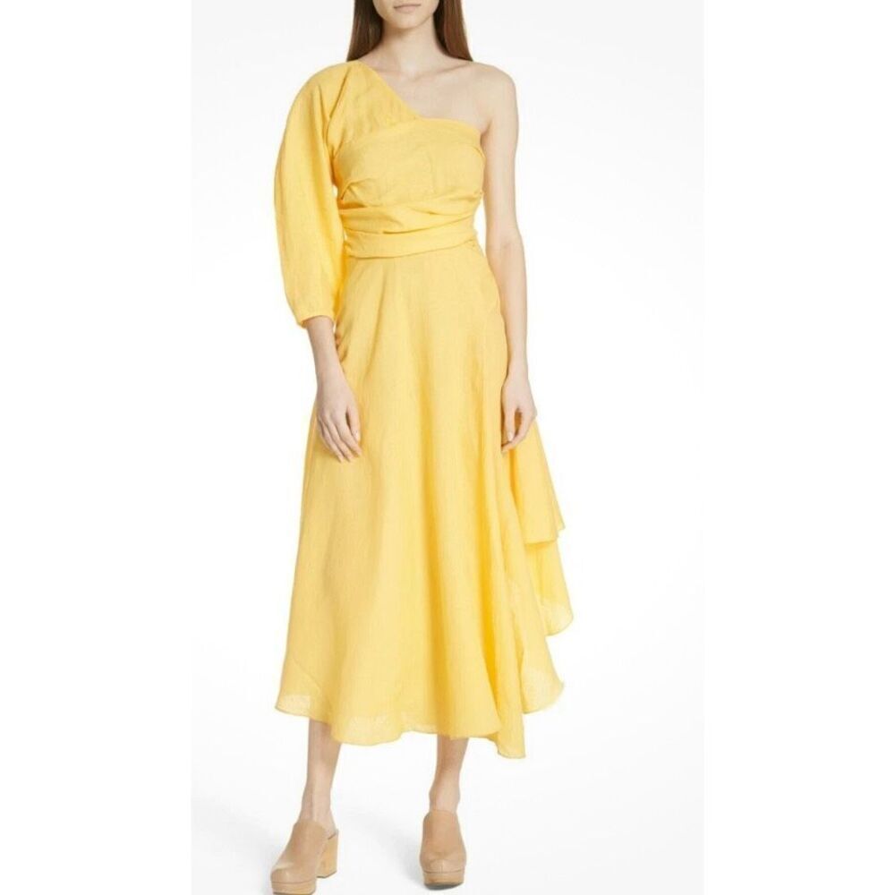 RACHEL COMEY Tipple One Shoulder Pleated Linen Asymmetrical Dress in Yellow Size